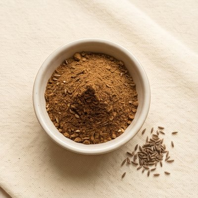 A bowl of Indori jeeravan spice mix on a cream cloth