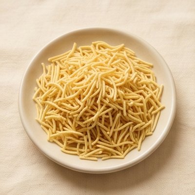 A bowl of Ujjaini-style besan sev, thin golden strands